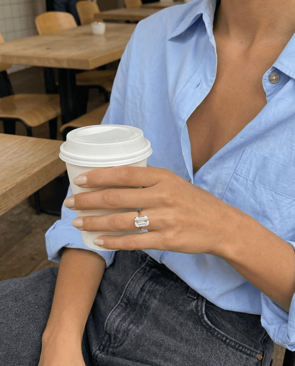 Thin + Simple Solitaire Engagement Ring With North South Emerald Cut Diamond - GOODSTONE
