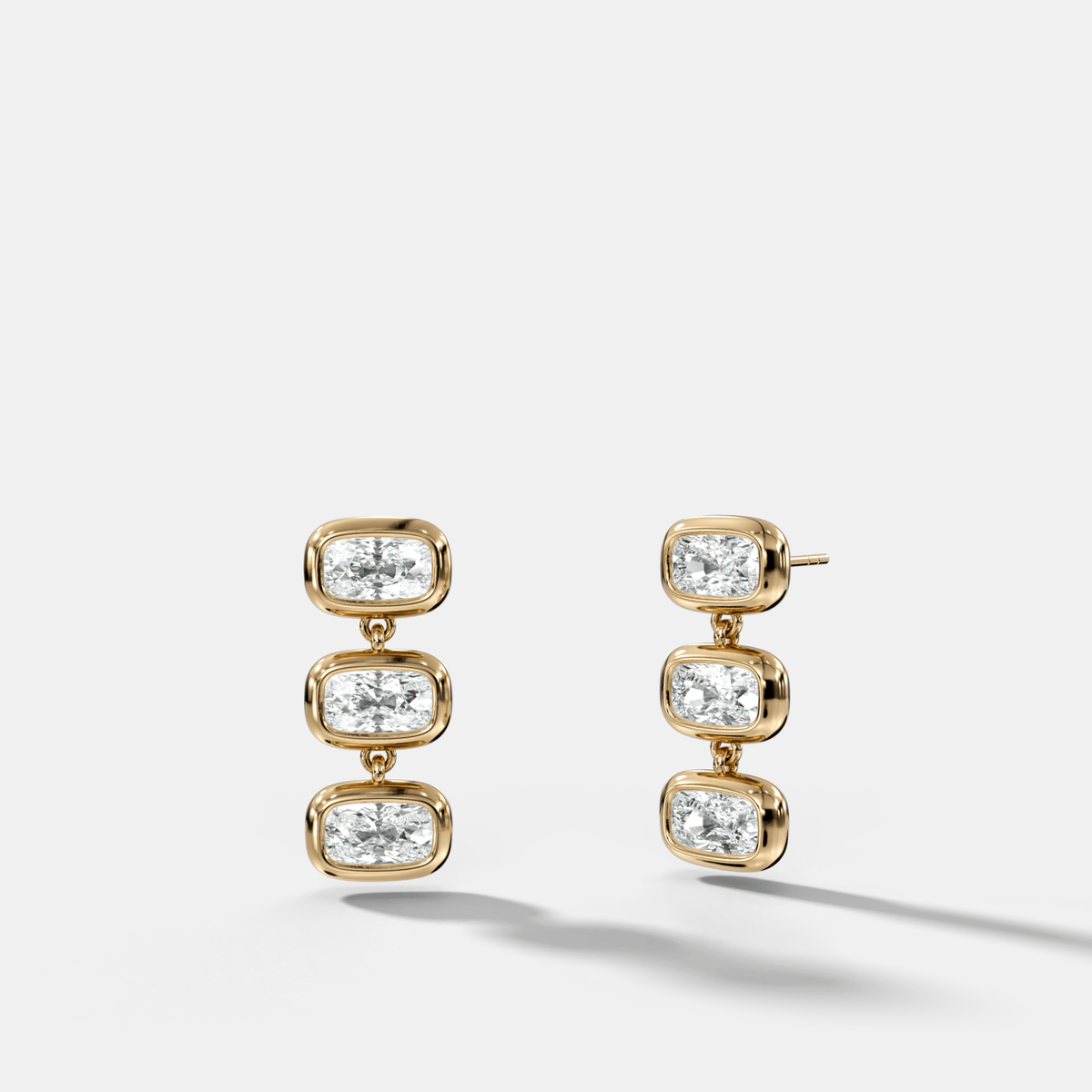 Three Stone Bezel Drop Earrings with East West Elongated Cushion Cut Diamonds - GOODSTONE