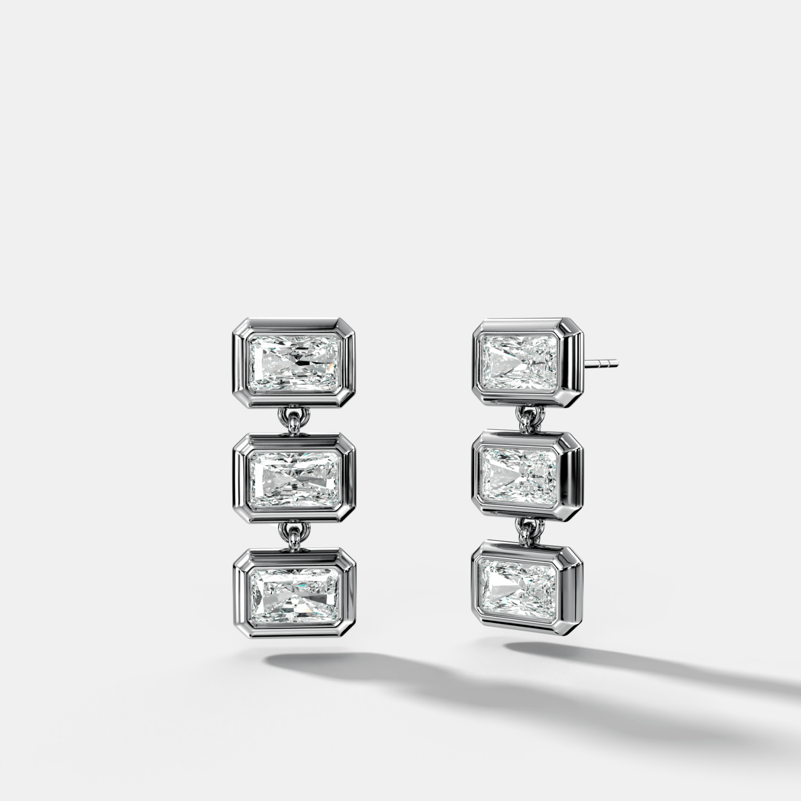 Three Stone Bezel Drop Earrings with East West Elongated Radiant Cut Diamonds - GOODSTONE