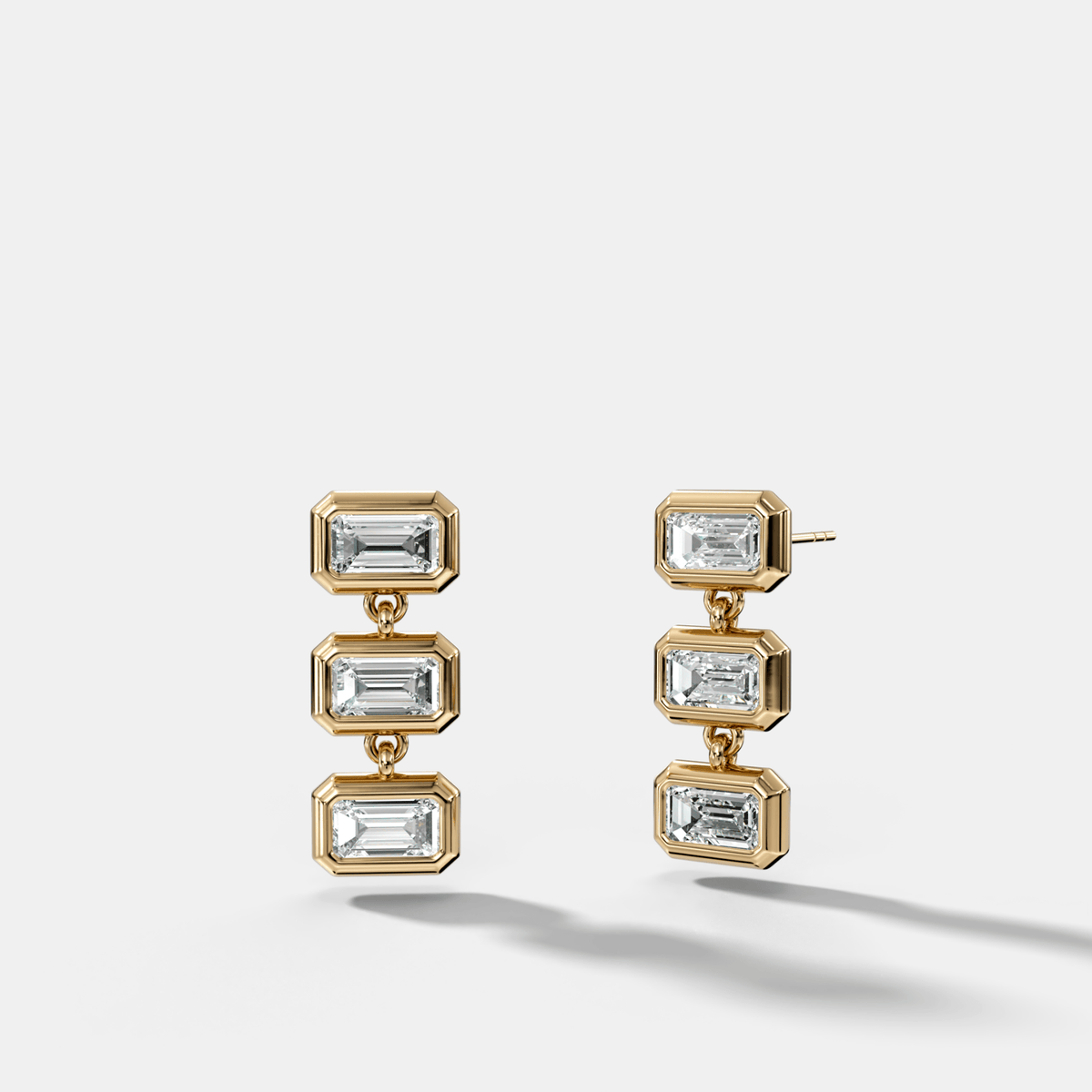 Three Stone Bezel Drop Earrings with East West Emerald Cut Diamonds - GOODSTONE