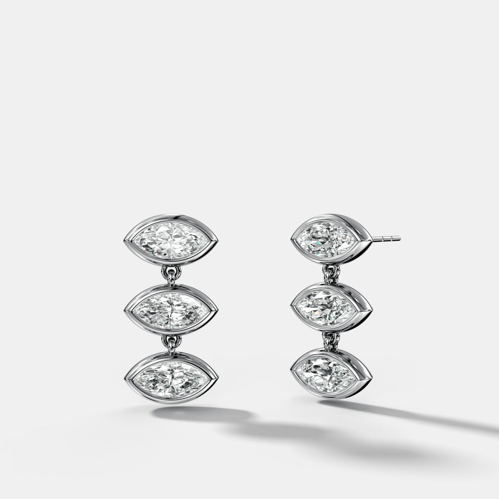 Three Stone Bezel Drop Earrings with East West Marquise Cut Diamonds - GOODSTONE