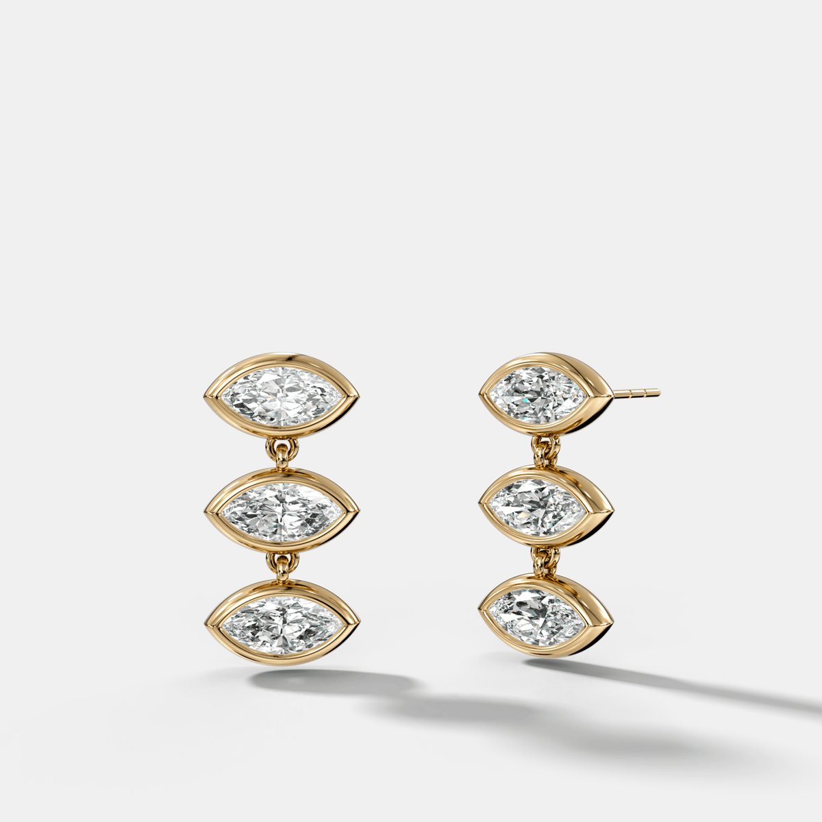 Three Stone Bezel Drop Earrings with East West Marquise Cut Diamonds - GOODSTONE
