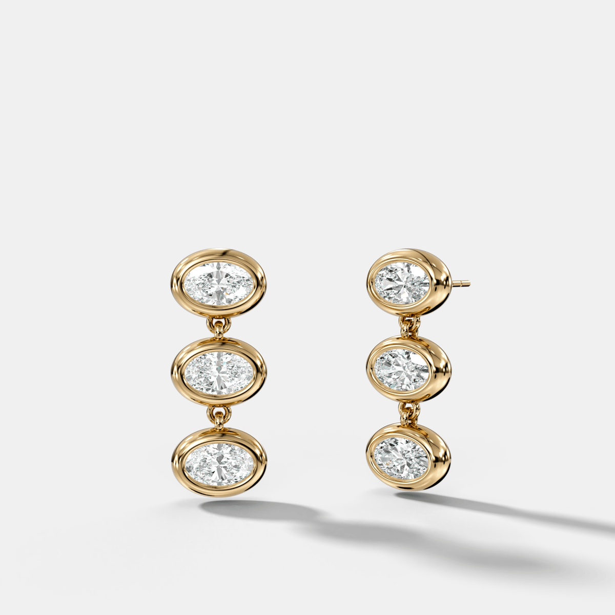 Three Stone Bezel Drop Earrings with East West Oval Cut Diamonds - GOODSTONE