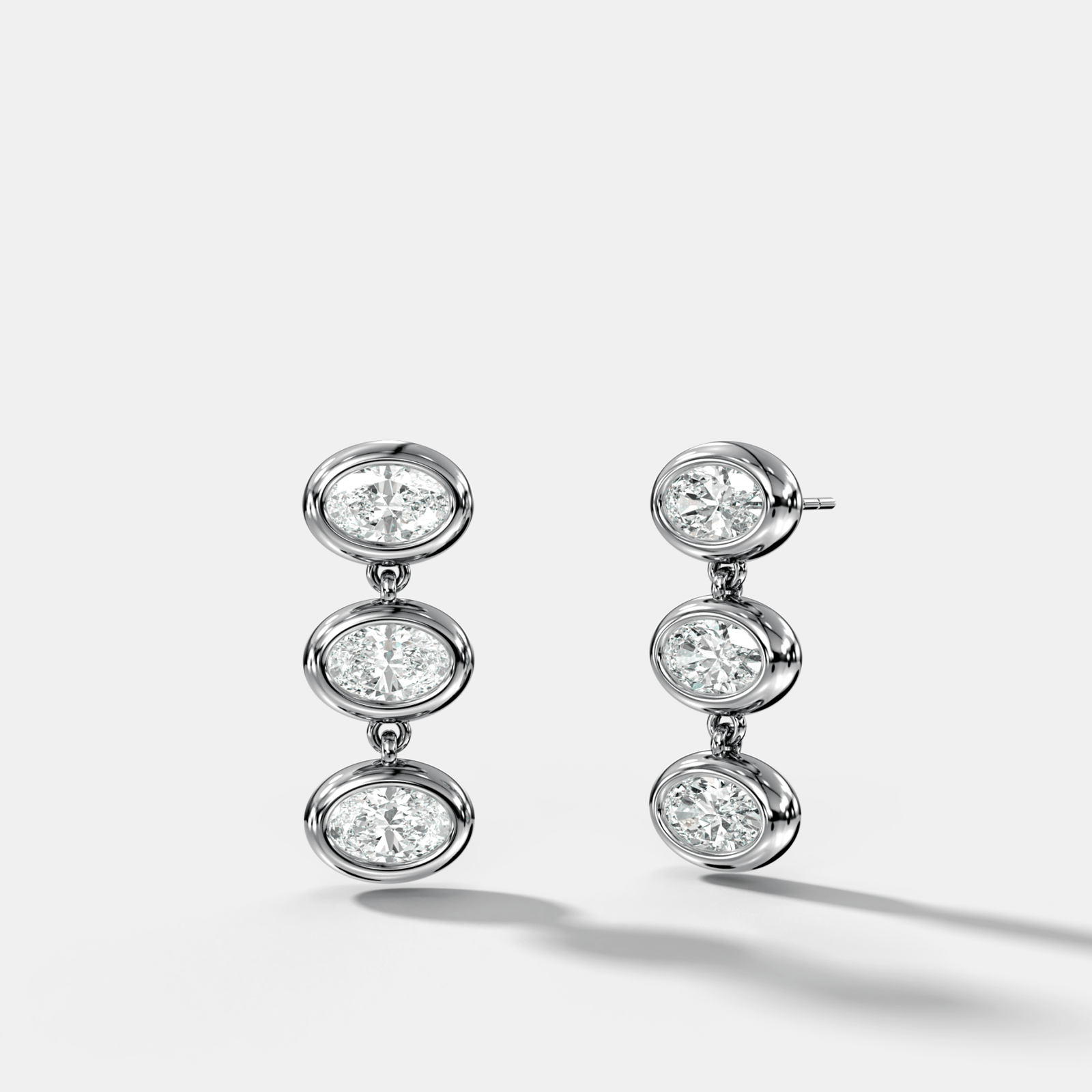 Three Stone Bezel Drop Earrings with East West Oval Cut Diamonds - GOODSTONE