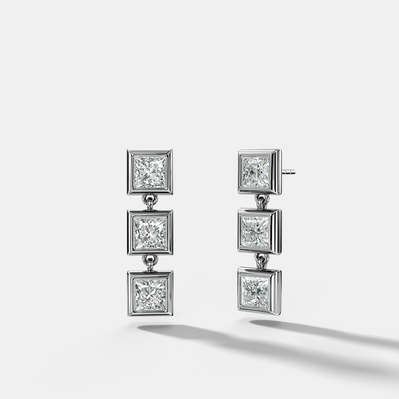 Three Stone Bezel Drop Earrings with Princess Cut Diamonds - GOODSTONE