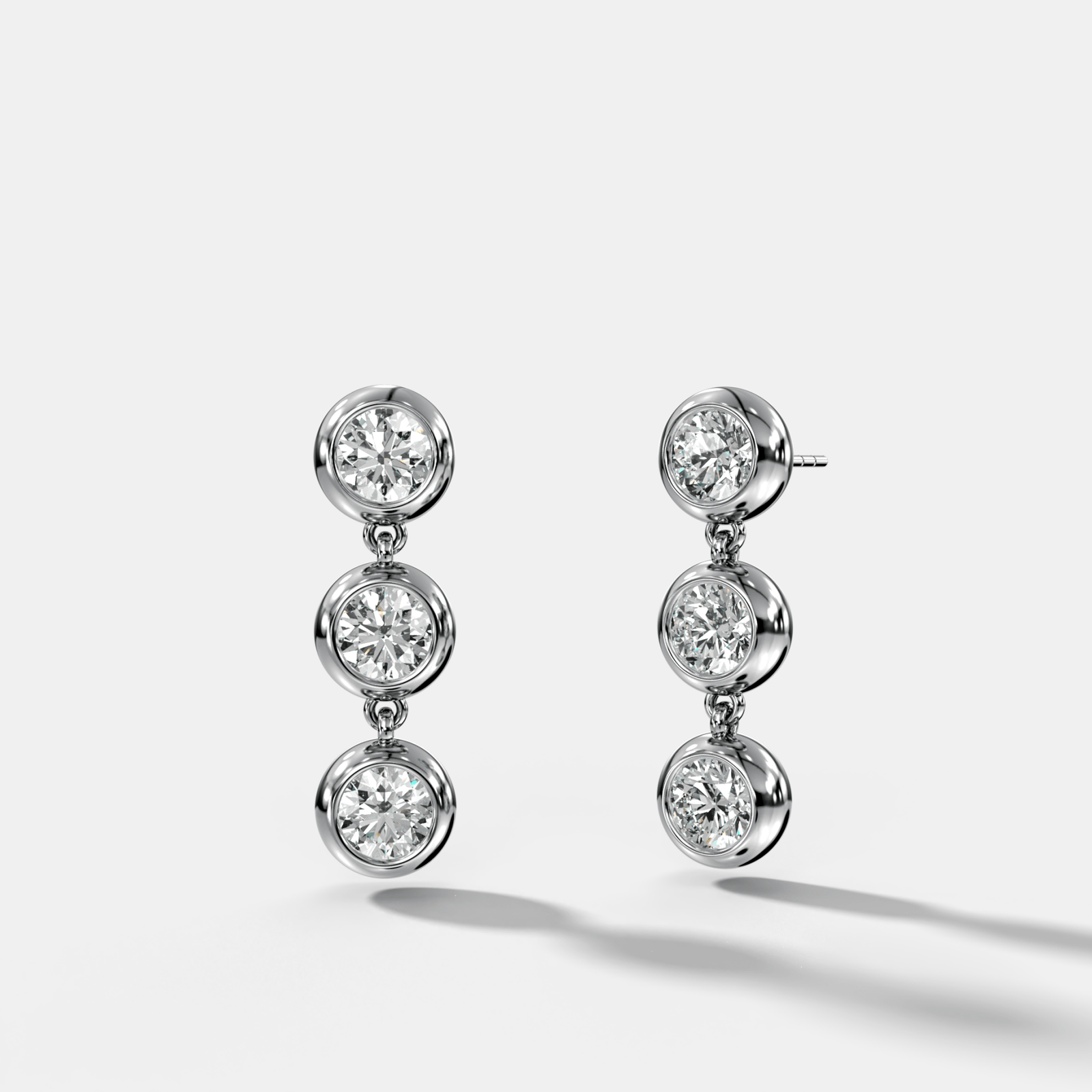 Three Stone Bezel Drop Earrings with Round Cut Diamonds - GOODSTONE