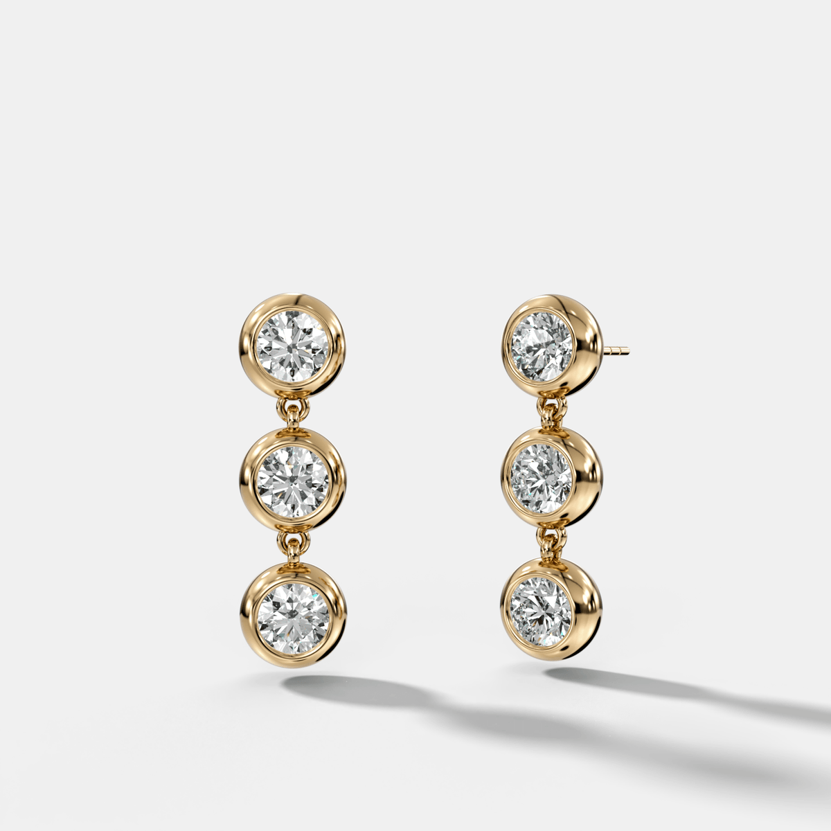 Three Stone Bezel Drop Earrings with Round Cut Diamonds - GOODSTONE