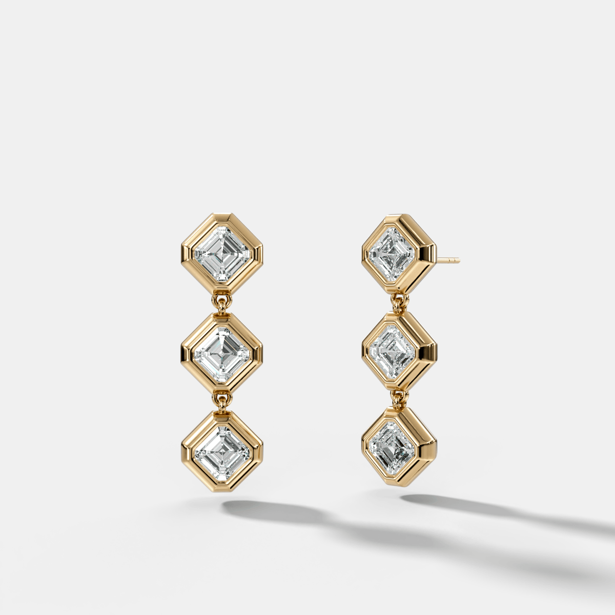 Three Stone Bezel Drop Earrings with Tilted Asscher Cut Diamonds - GOODSTONE