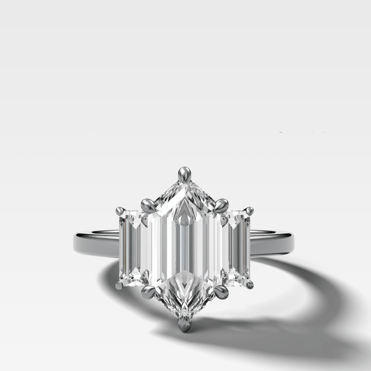 Three Stone Engagement Ring with Baguette Side Stones and Dutch Marquise Cut Diamond - GOODSTONE