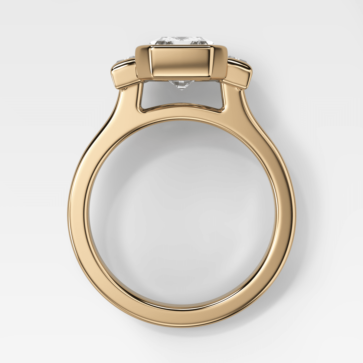 Three Stone Engagement Ring with Half Bezel Baguette Side Stones and Emerald Cut Diamond - GOODSTONE