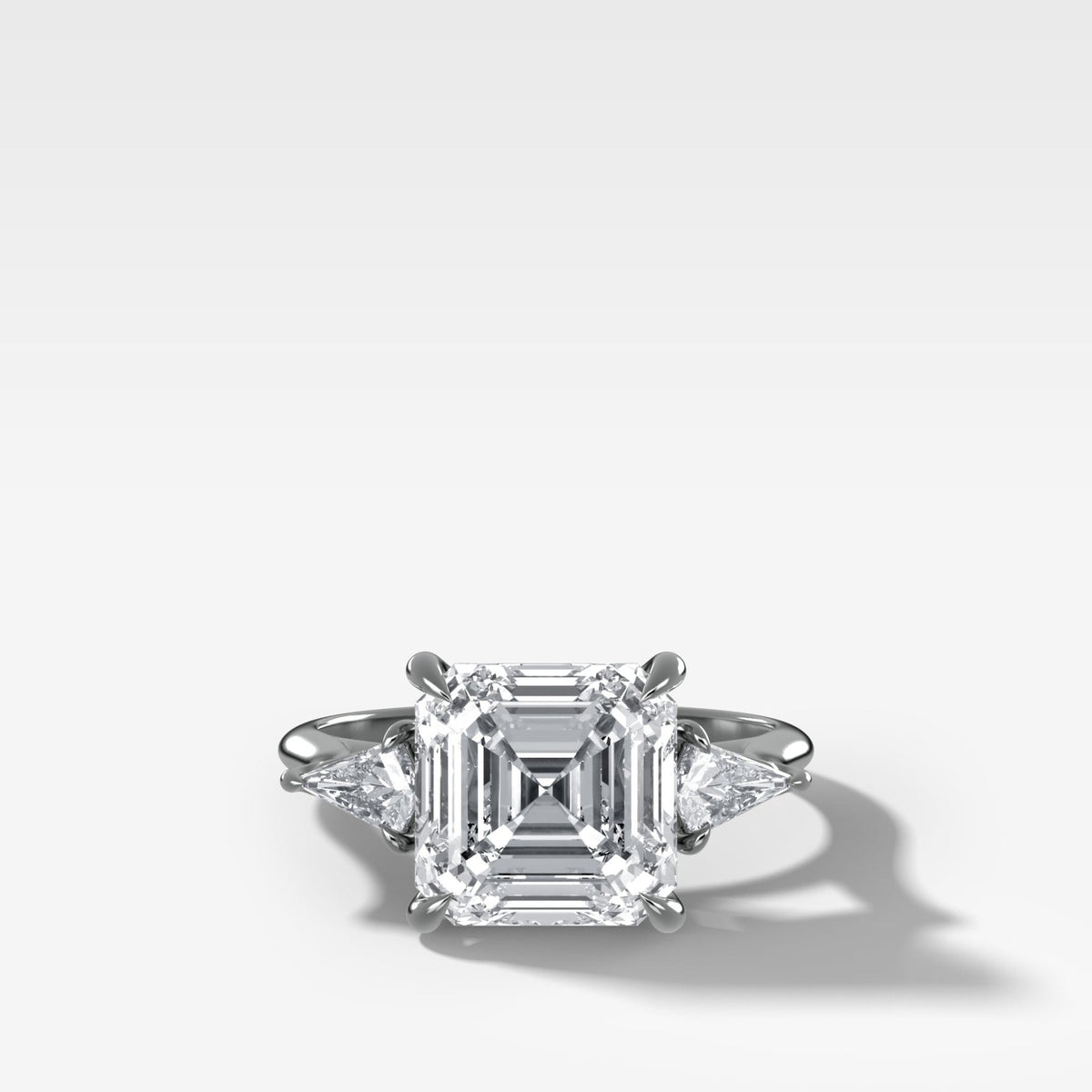 Three Stone Engagement Ring With Kite Side Stones and Asscher Cut Diamond - GOODSTONE
