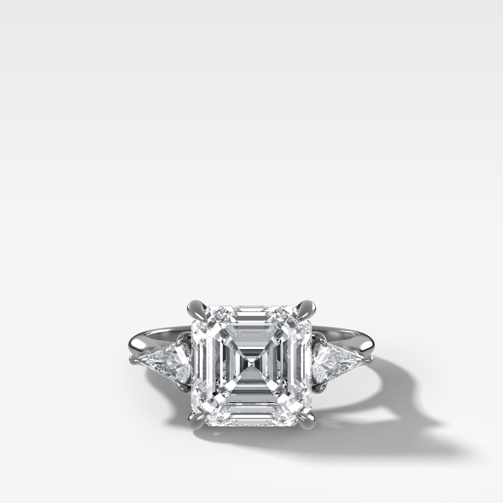 Three Stone Engagement Ring With Kite Side Stones and Asscher Cut Diamond - GOODSTONE