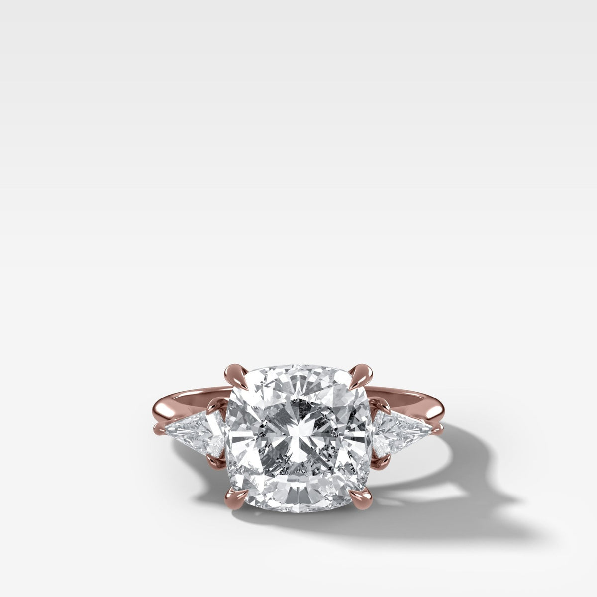 Three Stone Engagement Ring With Kite Side Stones and Cushion Cut Diamond - GOODSTONE