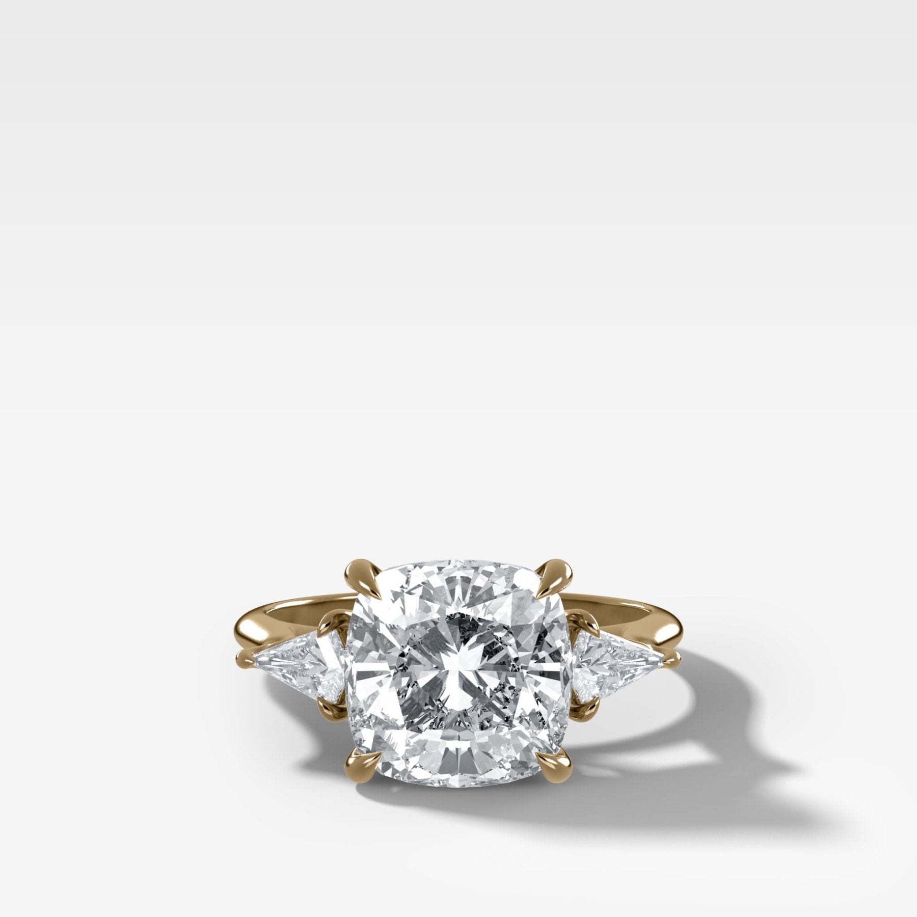 Three Stone Engagement Ring With Kite Side Stones and Cushion Cut Diamond - GOODSTONE