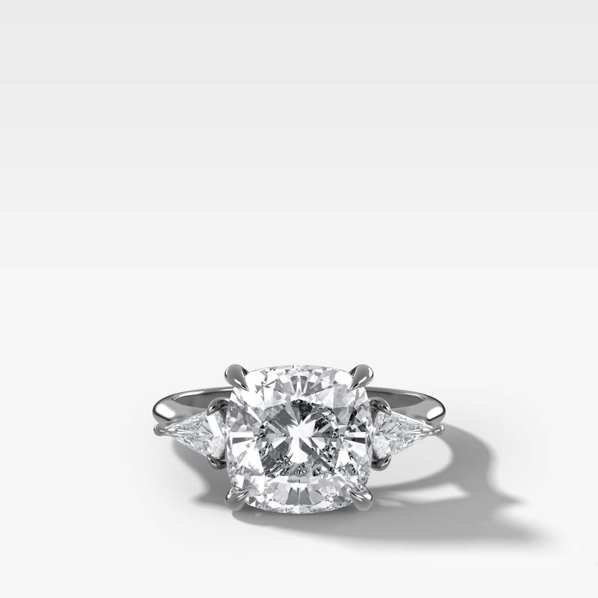 Three Stone Engagement Ring With Kite Side Stones and Cushion Cut Diamond - GOODSTONE