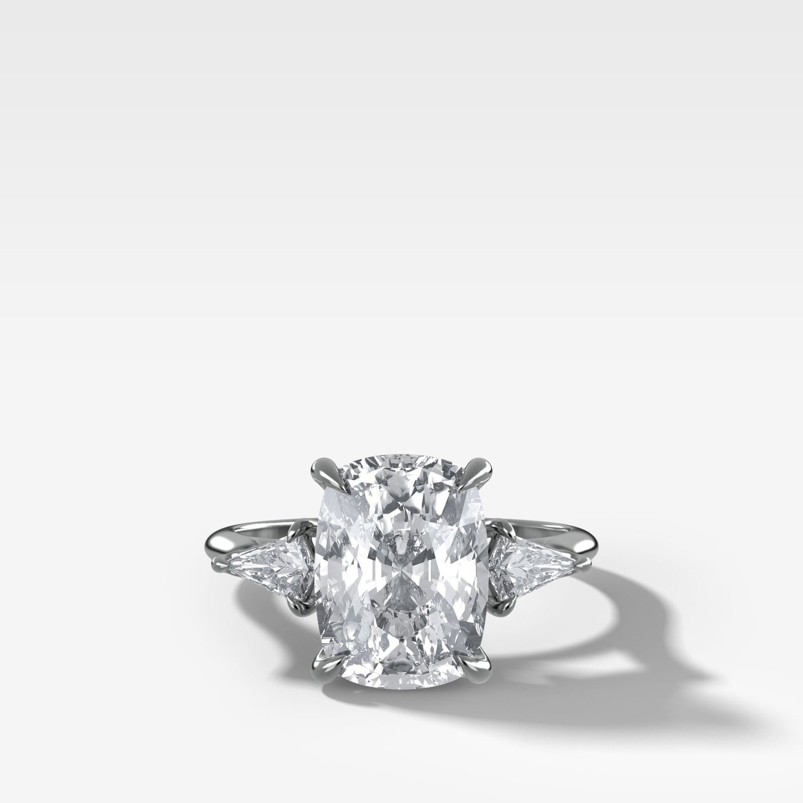 Three Stone Engagement Ring With Kite Side Stones and Elongated Cushion Cut Diamond - GOODSTONE