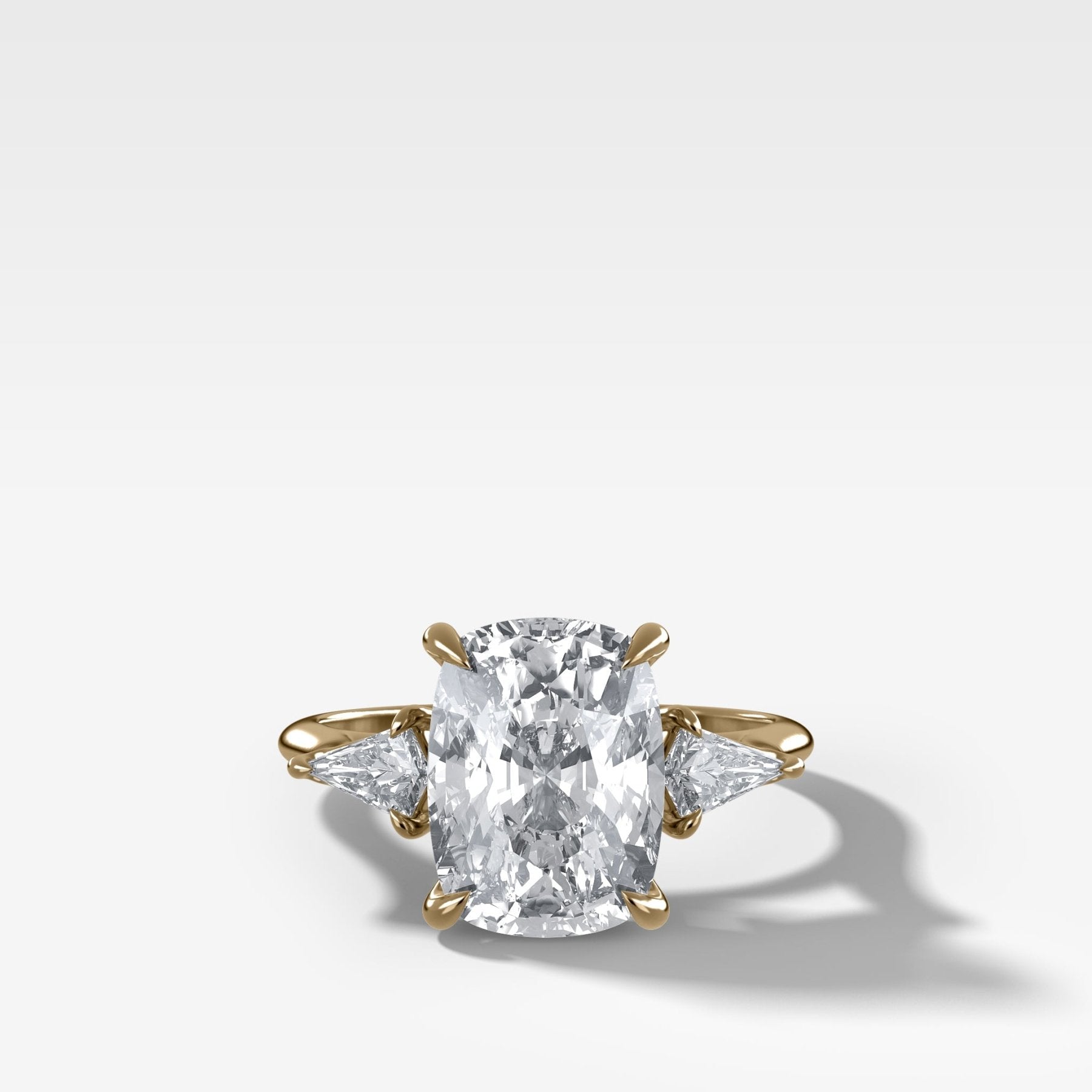 Three Stone Engagement Ring With Kite Side Stones and Elongated Cushion Cut Diamond - GOODSTONE