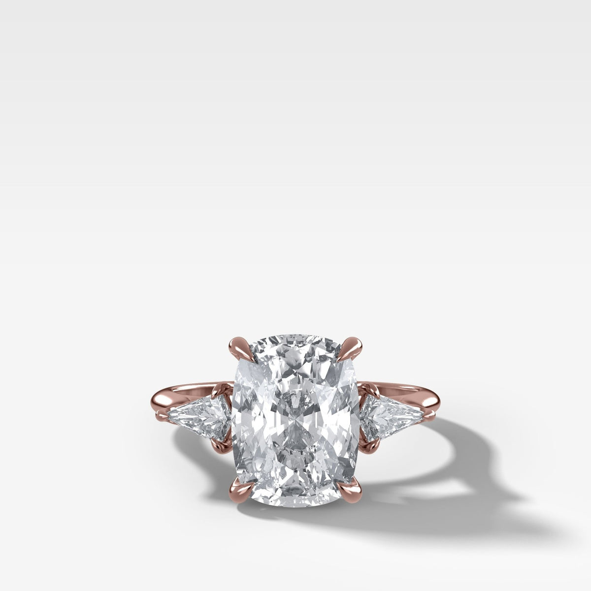 Three Stone Engagement Ring With Kite Side Stones and Elongated Cushion Cut Diamond - GOODSTONE