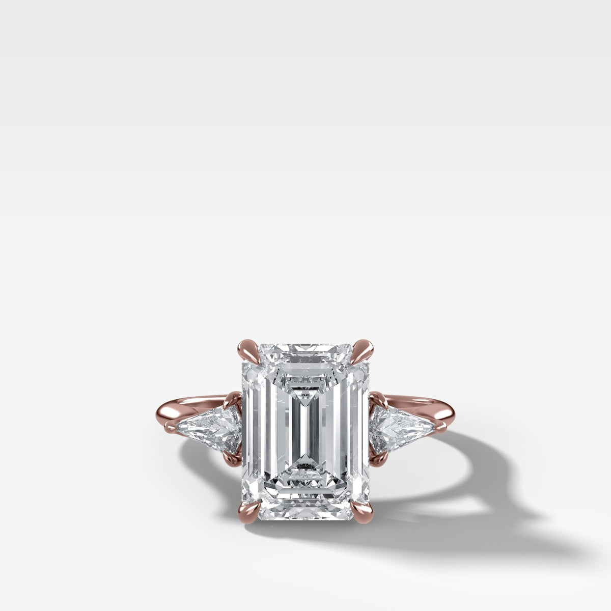 Three Stone Engagement Ring With Kite Side Stones and Emerald Cut Diamond - GOODSTONE