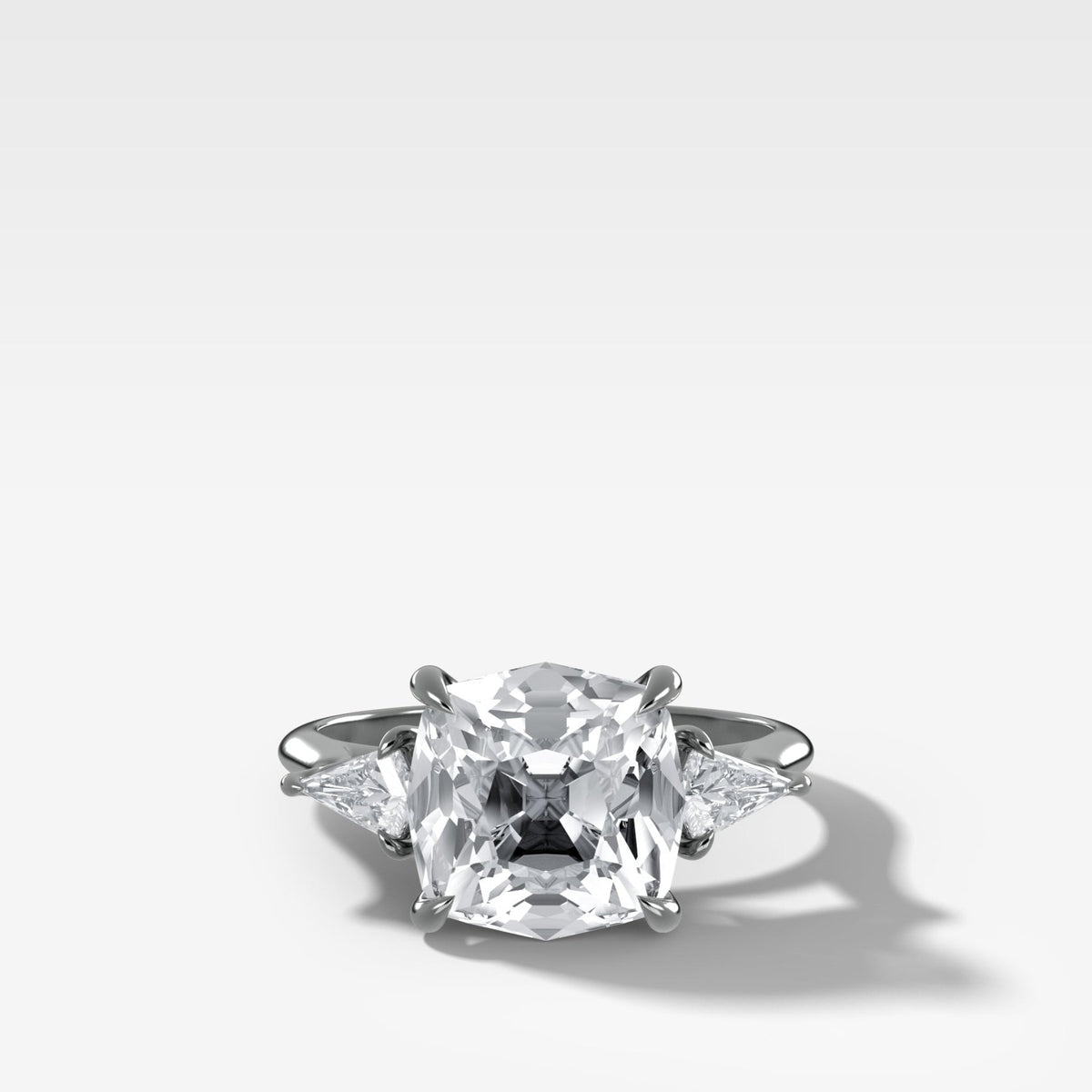 Three Stone Engagement Ring With Kite Side Stones and Old Mine Cut Diamond - GOODSTONE