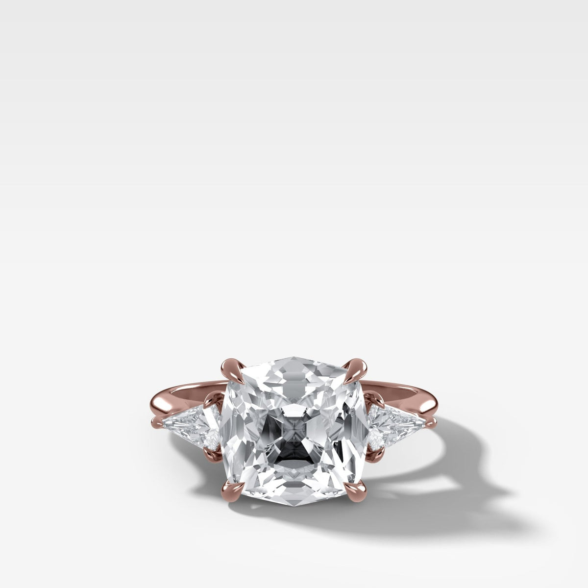 Three Stone Engagement Ring With Kite Side Stones and Old Mine Cut Diamond - GOODSTONE
