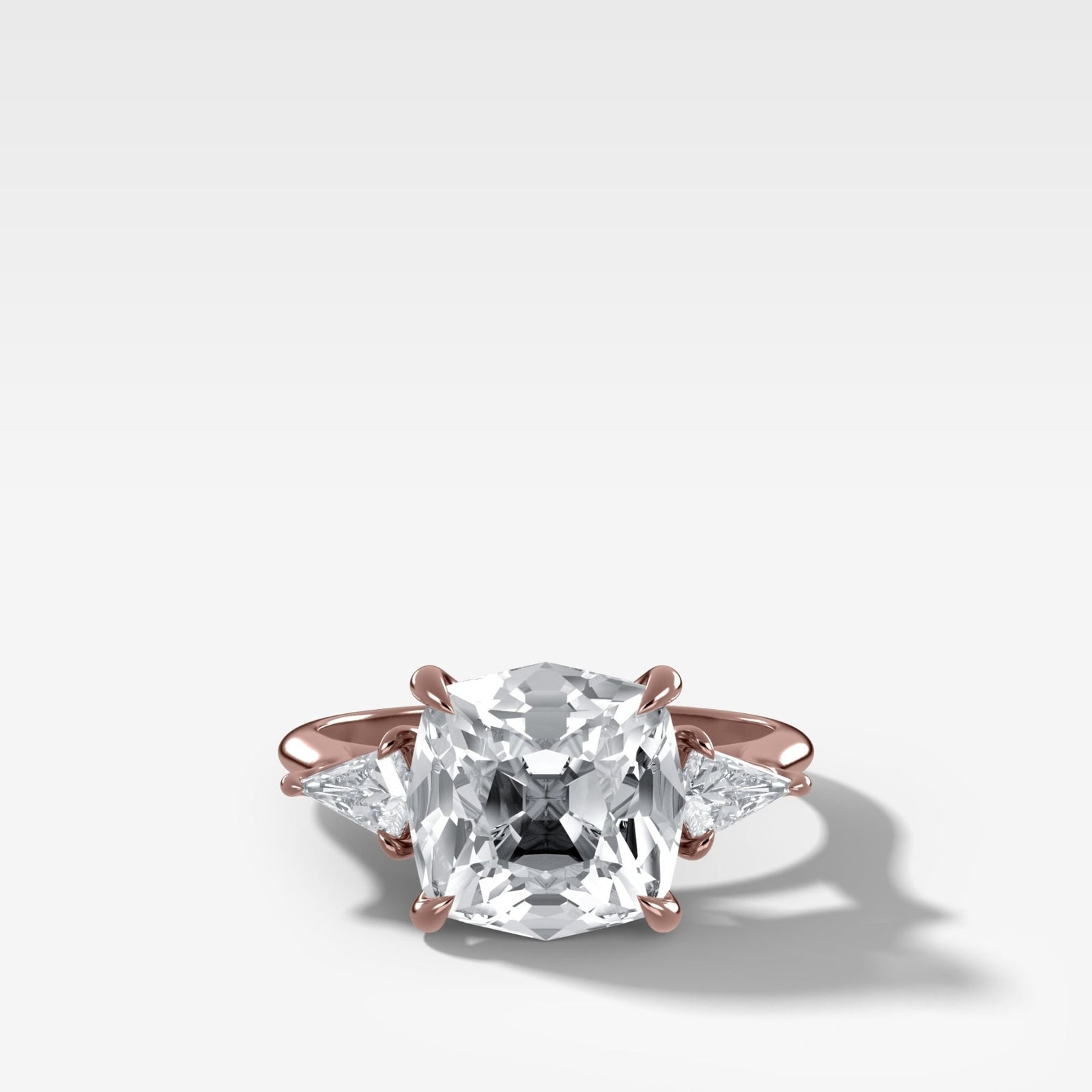 Three Stone Engagement Ring With Kite Side Stones and Old Mine Cut Diamond - GOODSTONE
