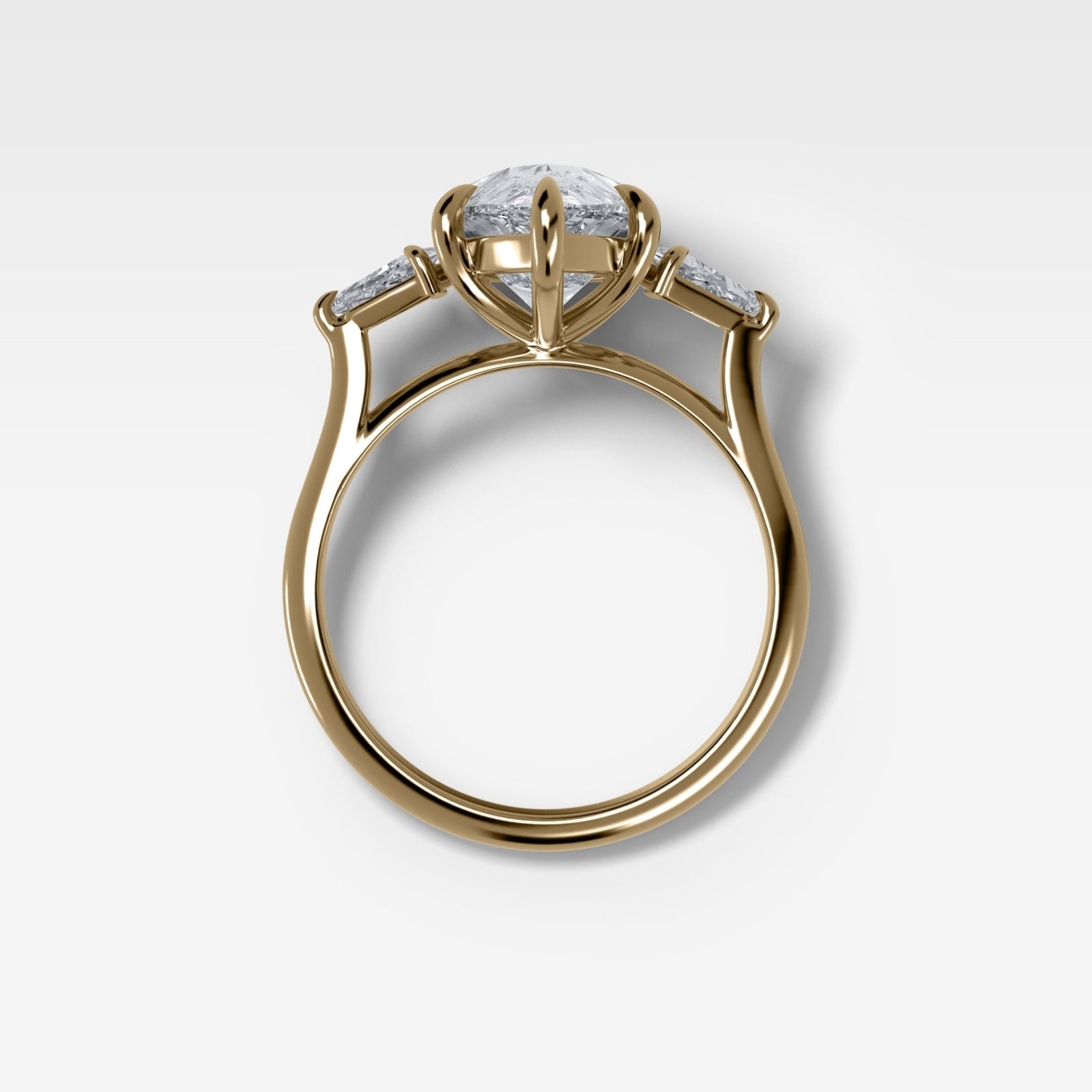 Three Stone Engagement Ring With Kite Side Stones and Pear Cut Diamond - GOODSTONE
