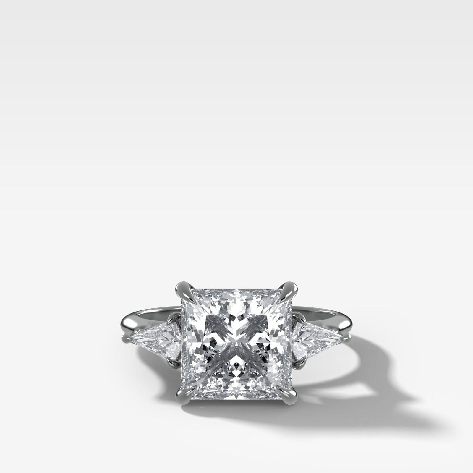 Three Stone Engagement Ring With Kite Side Stones and Princess Cut Diamond - GOODSTONE