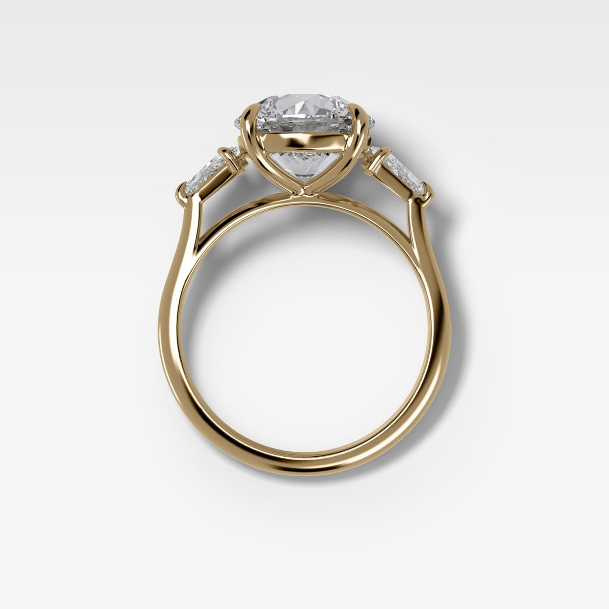 Three Stone Engagement Ring With Kite Side Stones and Round Cut Diamond - GOODSTONE