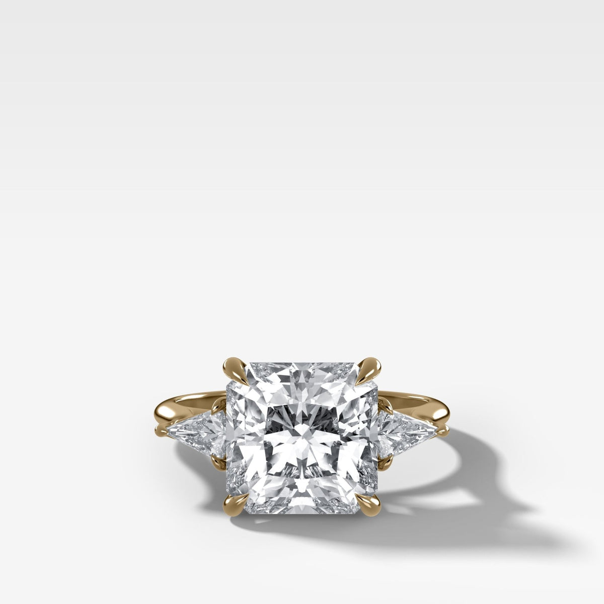 Three Stone Engagement Ring With Kite Side Stones and Square Radiant Cut Diamond - GOODSTONE