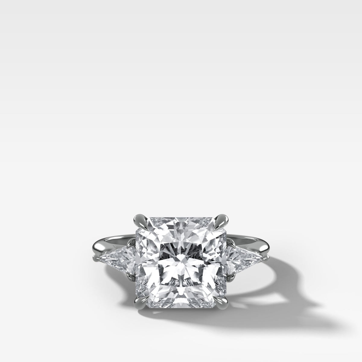 Three Stone Engagement Ring With Kite Side Stones and Square Radiant Cut Diamond - GOODSTONE