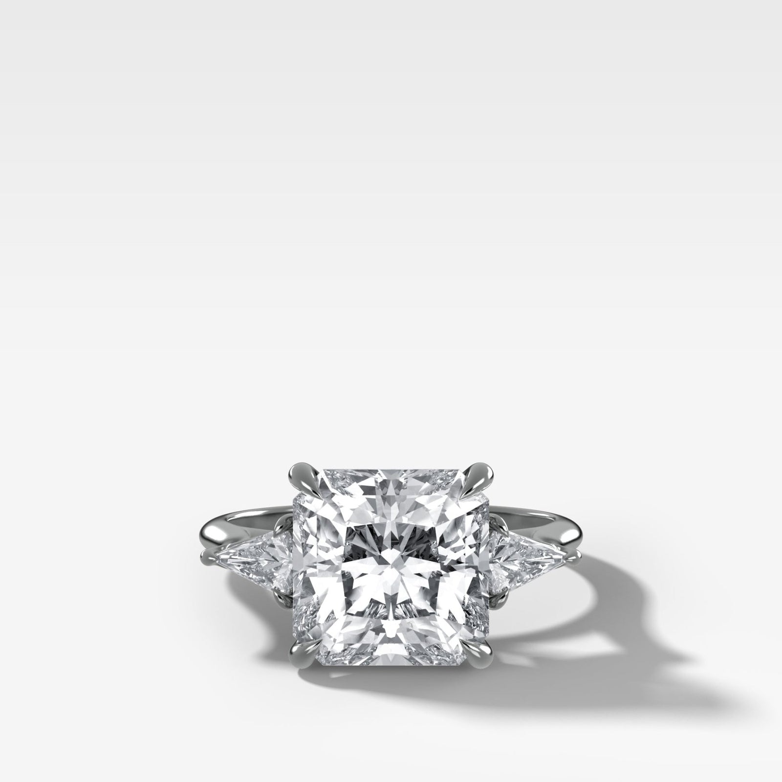 Three Stone Engagement Ring With Kite Side Stones and Square Radiant Cut Diamond - GOODSTONE