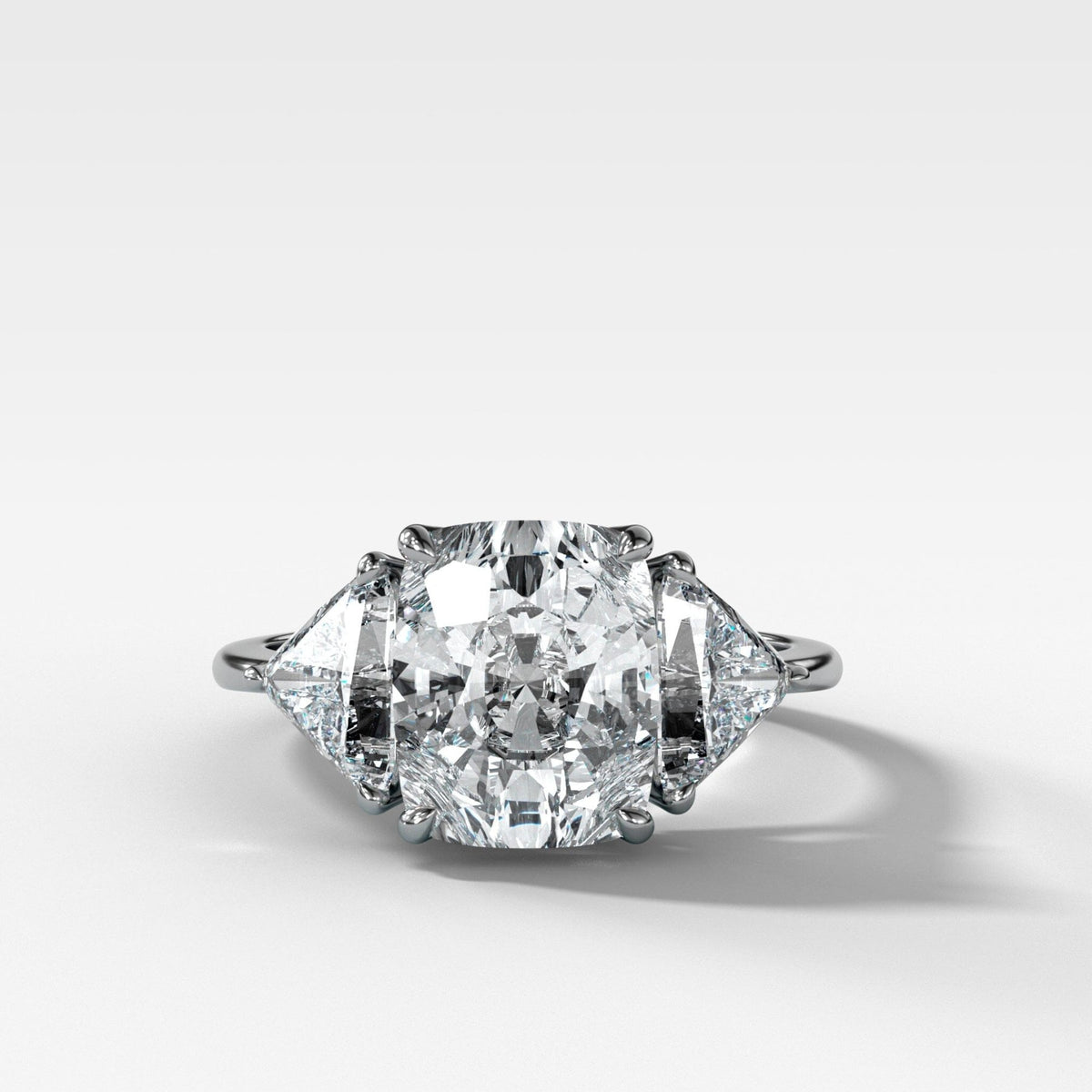 Three Stone Engagement Ring with Shield Side Stones and an Elongated Cushion cut Diamond - GOODSTONE