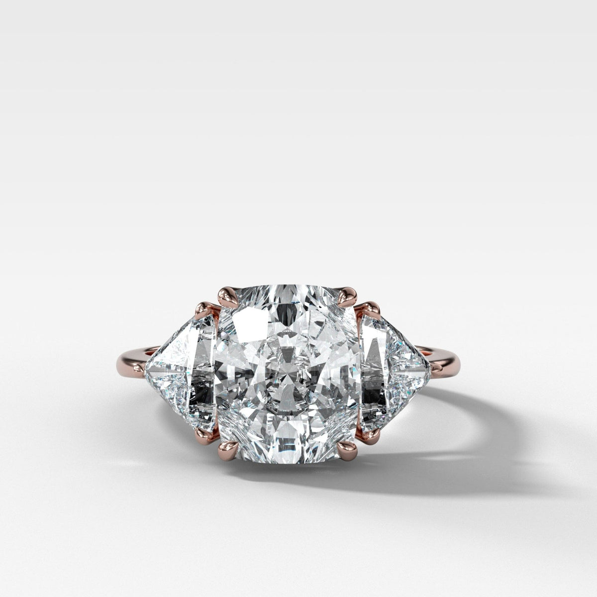 Three Stone Engagement Ring with Shield Side Stones and an Elongated Cushion cut Diamond - GOODSTONE