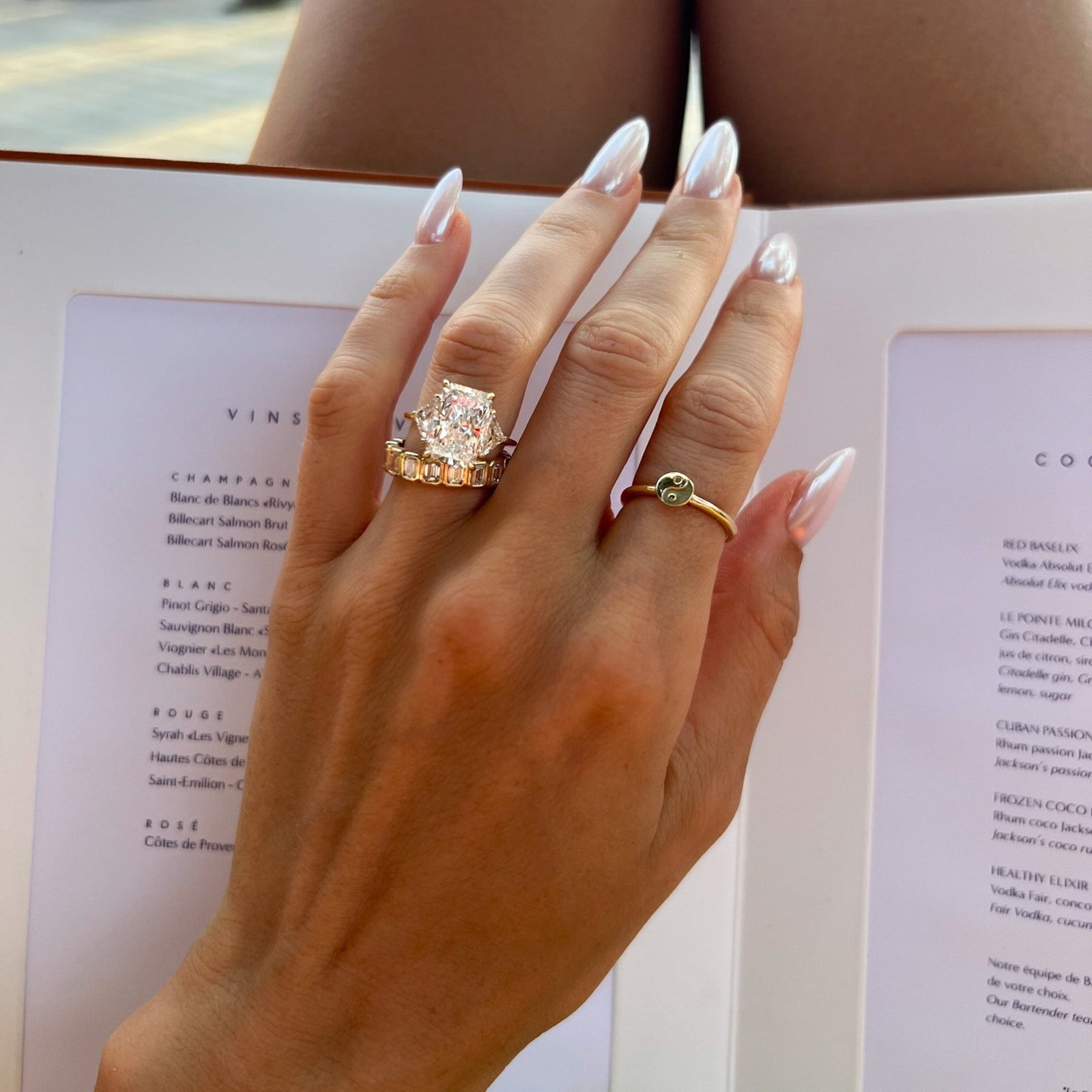 Three Stone Engagement Ring with Shield Side Stones and an Elongated Radiant cut Diamond - GOODSTONE