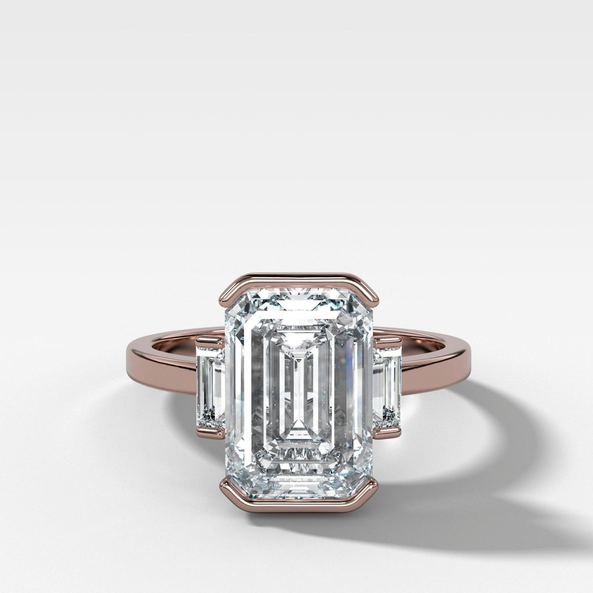 Three Stone Half Bezel Engagement Ring with Mini Baguette Side Stones and Emerald Cut Diamond No.1 - GOODSTONE
