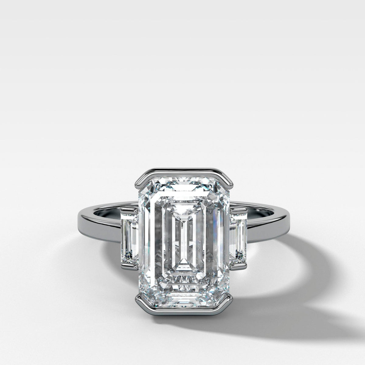 Three Stone Half Bezel Engagement Ring with Mini Baguette Side Stones and Emerald Cut Diamond No.1 - GOODSTONE