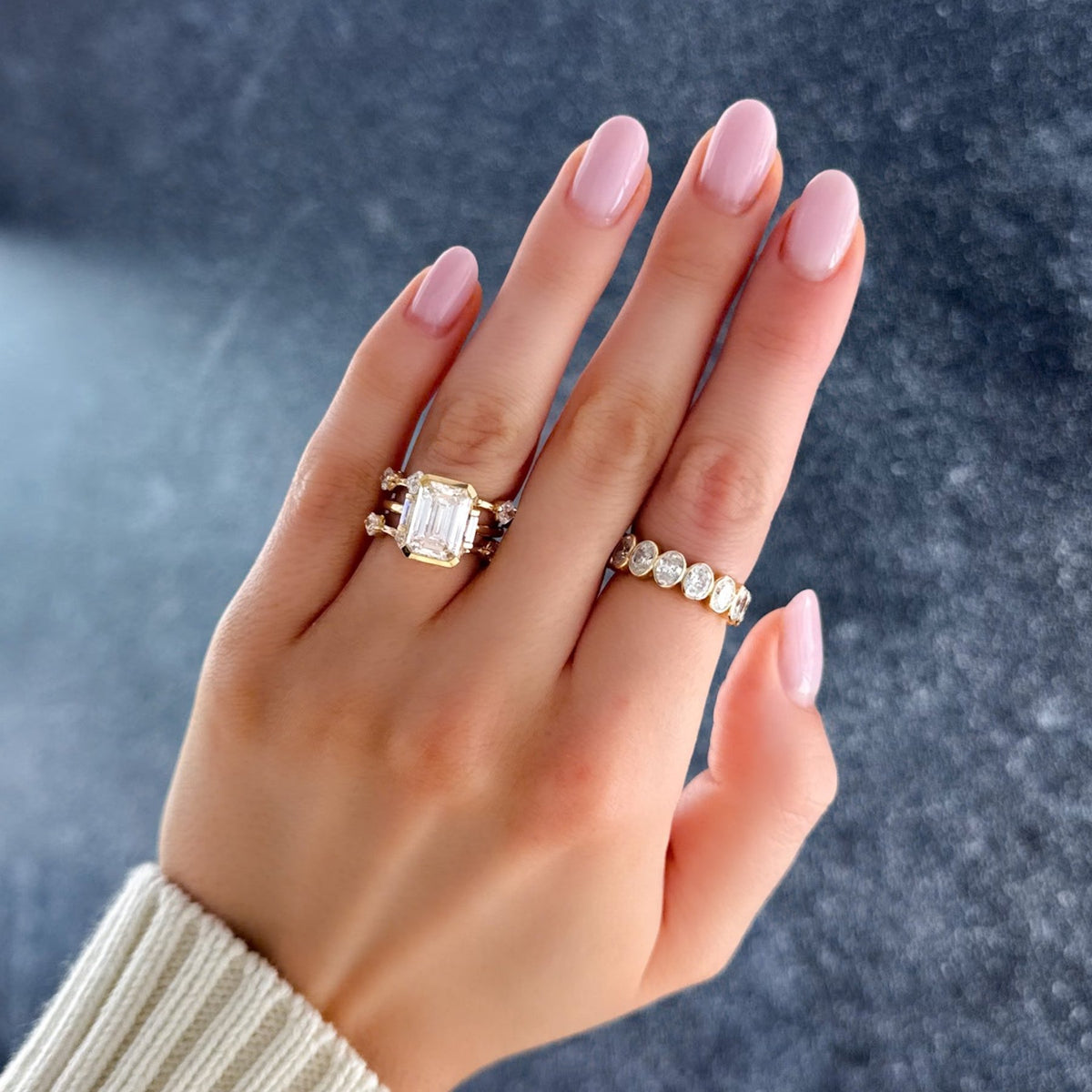 Three Stone Half Bezel Engagement Ring with Mini Baguette Side Stones and Emerald Cut Diamond No.1 - GOODSTONE