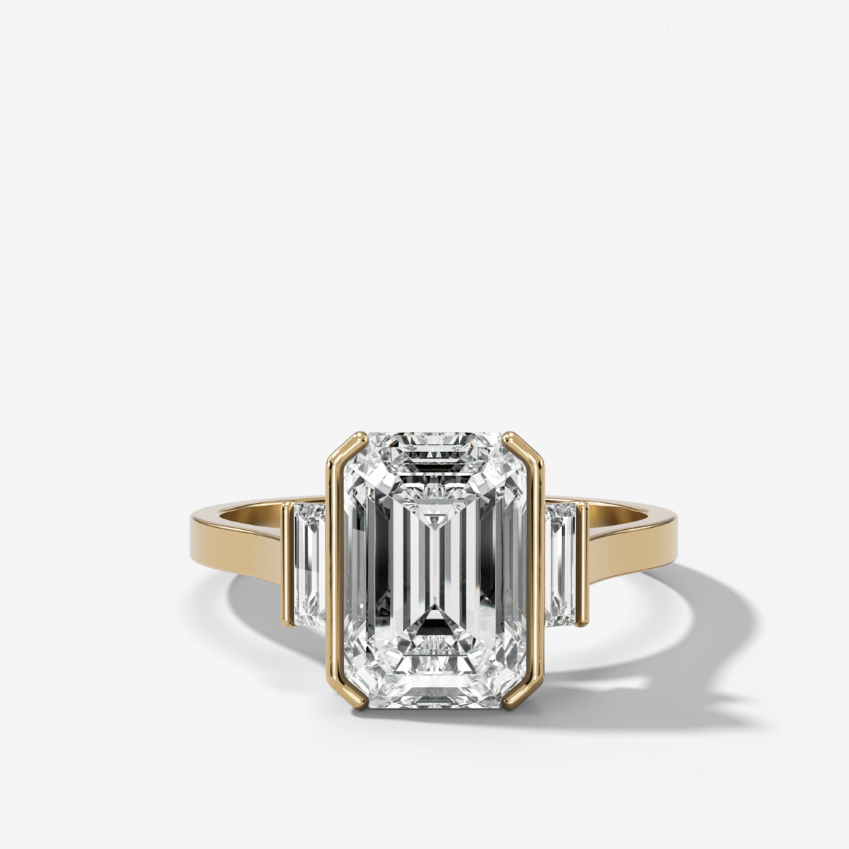 Three Stone Half Bezel Engagement Ring with Mini Baguette Side Stones and Emerald Cut Diamond No.2 - GOODSTONE