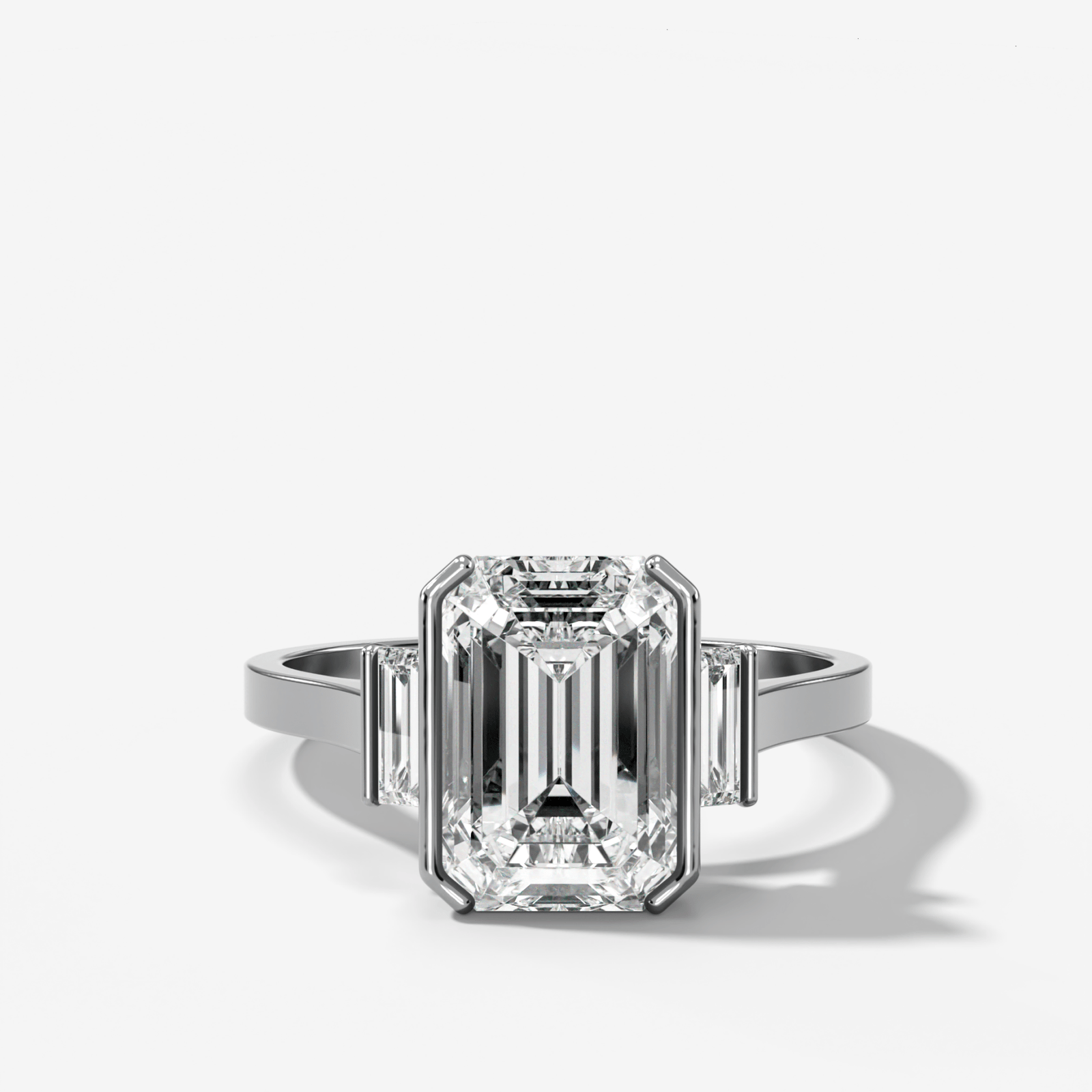 Three Stone Half Bezel Engagement Ring with Mini Baguette Side Stones and Emerald Cut Diamond No.2 - GOODSTONE