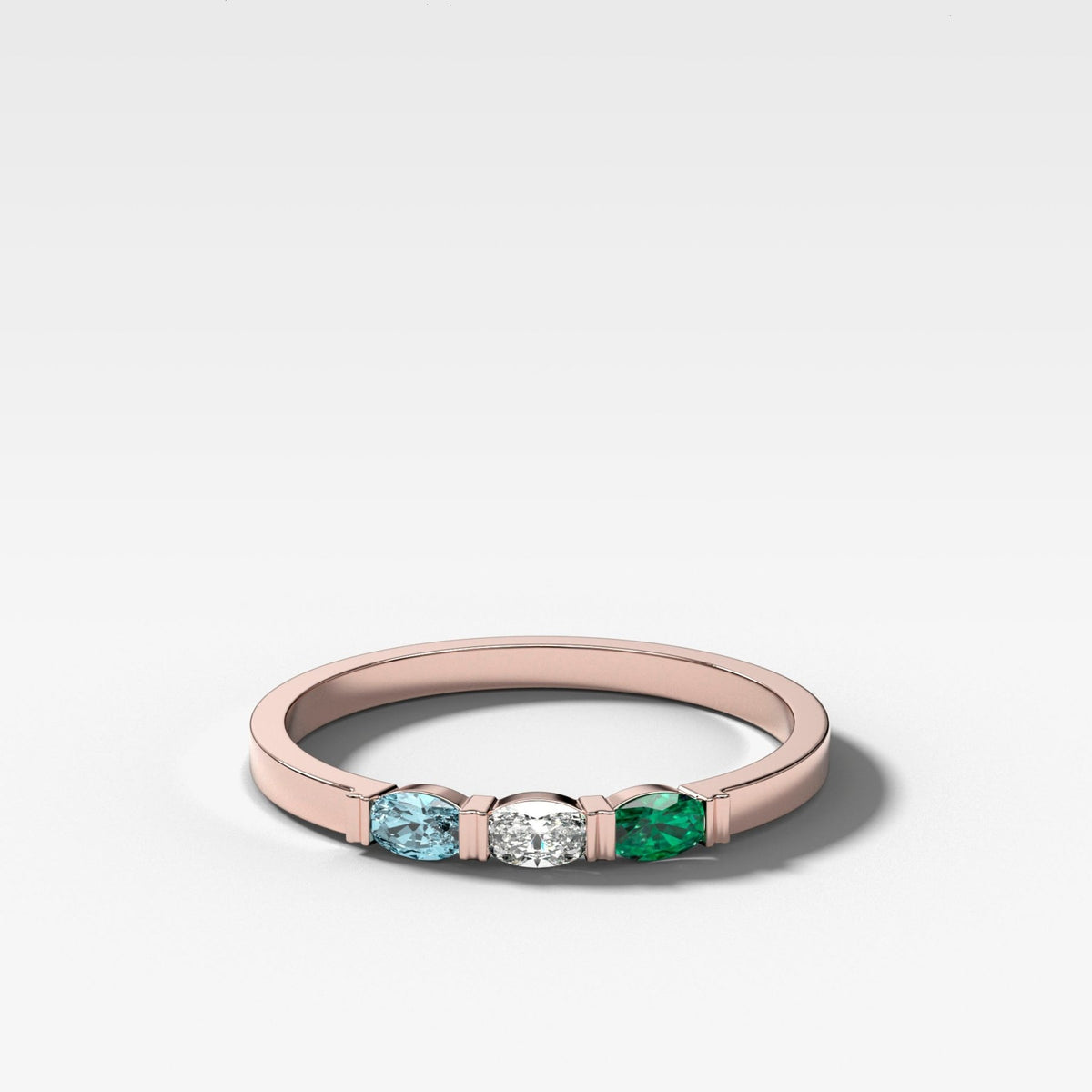 Three Stone Oval Wedding Band with Green Emerald and Aquamarine Gemstones - GOODSTONE