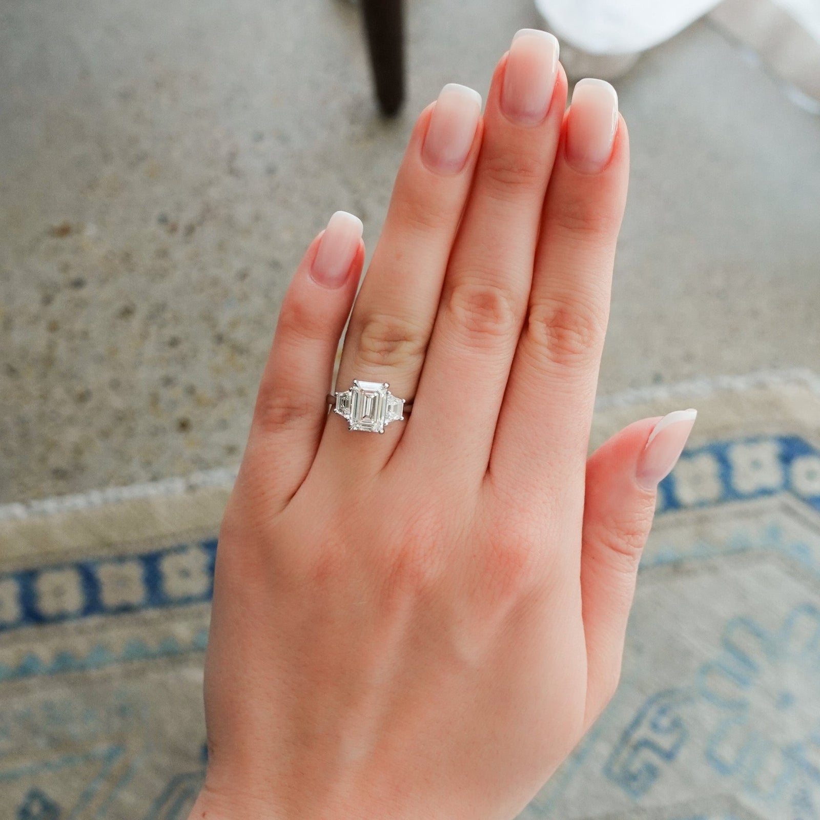 Three Stone Ring with Trapezoid Side Diamonds set with 2.51ct Lab Grown Emerald Cut Diamond - GOODSTONE