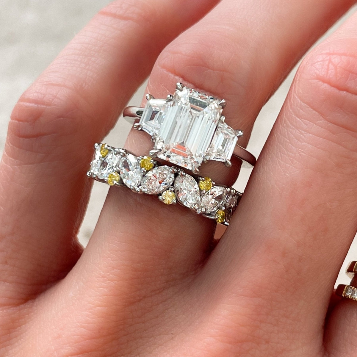 Three Stone Ring with Trapezoid Side Diamonds set with 2.51ct Lab Grown Emerald Cut Diamond - GOODSTONE