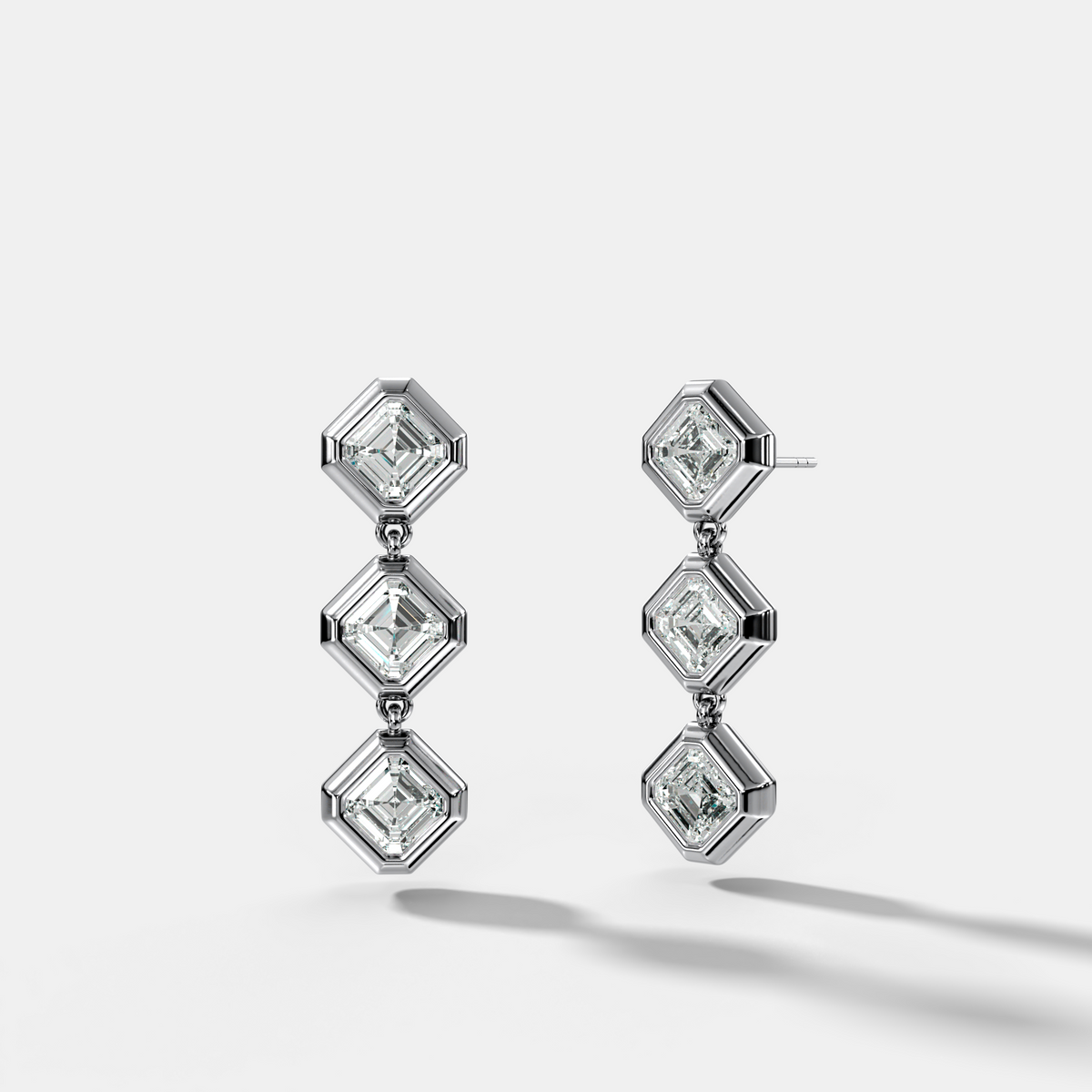 Three Stone Bezel Drop Earrings with Tilted Asscher Cut Diamonds