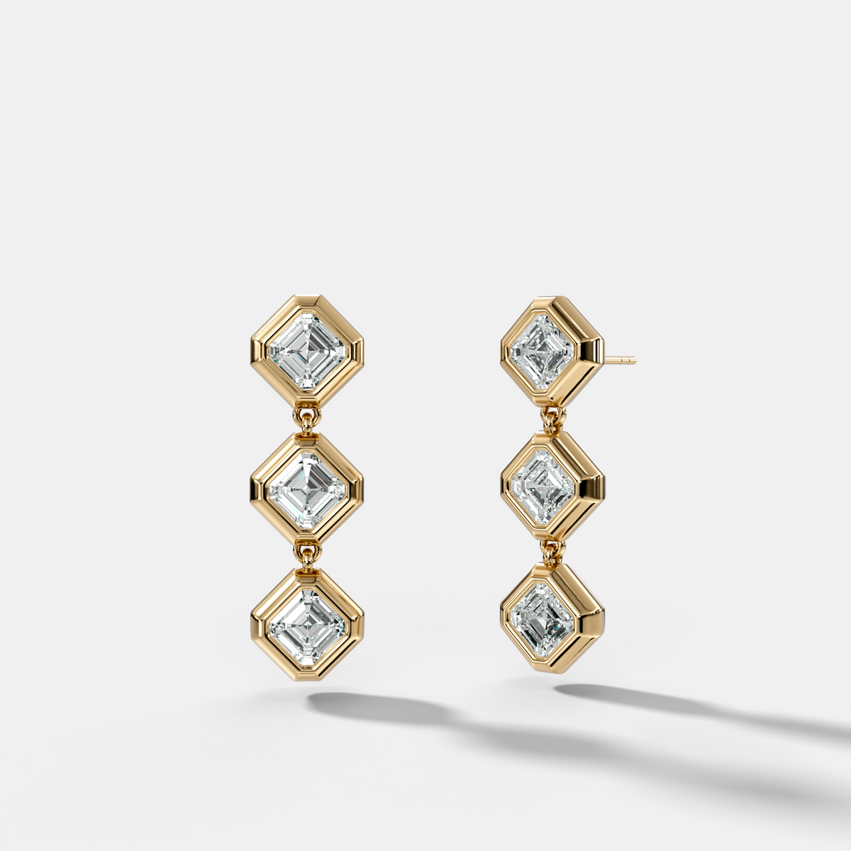 Three Stone Bezel Drop Earrings with Tilted Asscher Cut Diamonds
