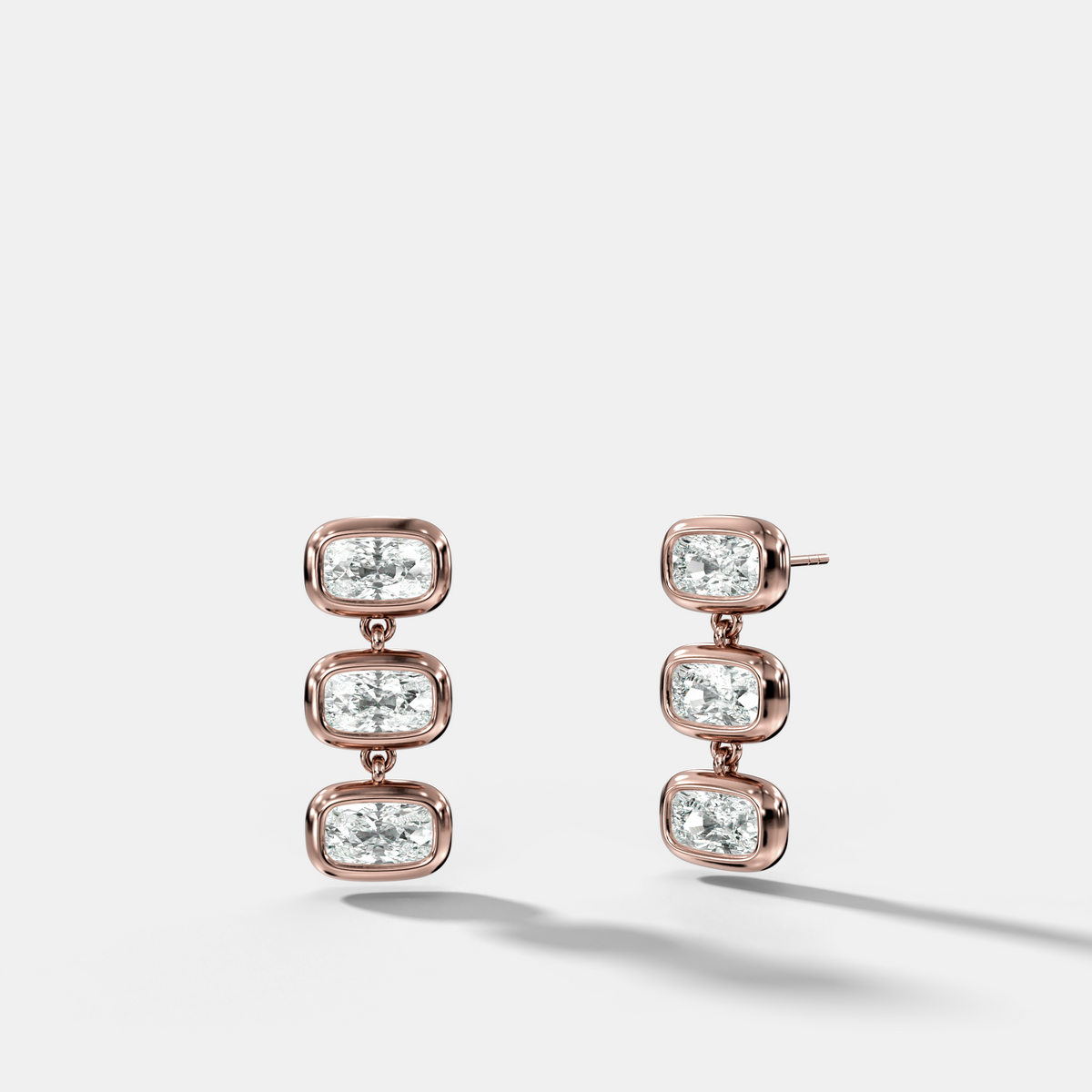 Three Stone Bezel Drop Earrings with East West Elongated Cushion Cut Diamonds