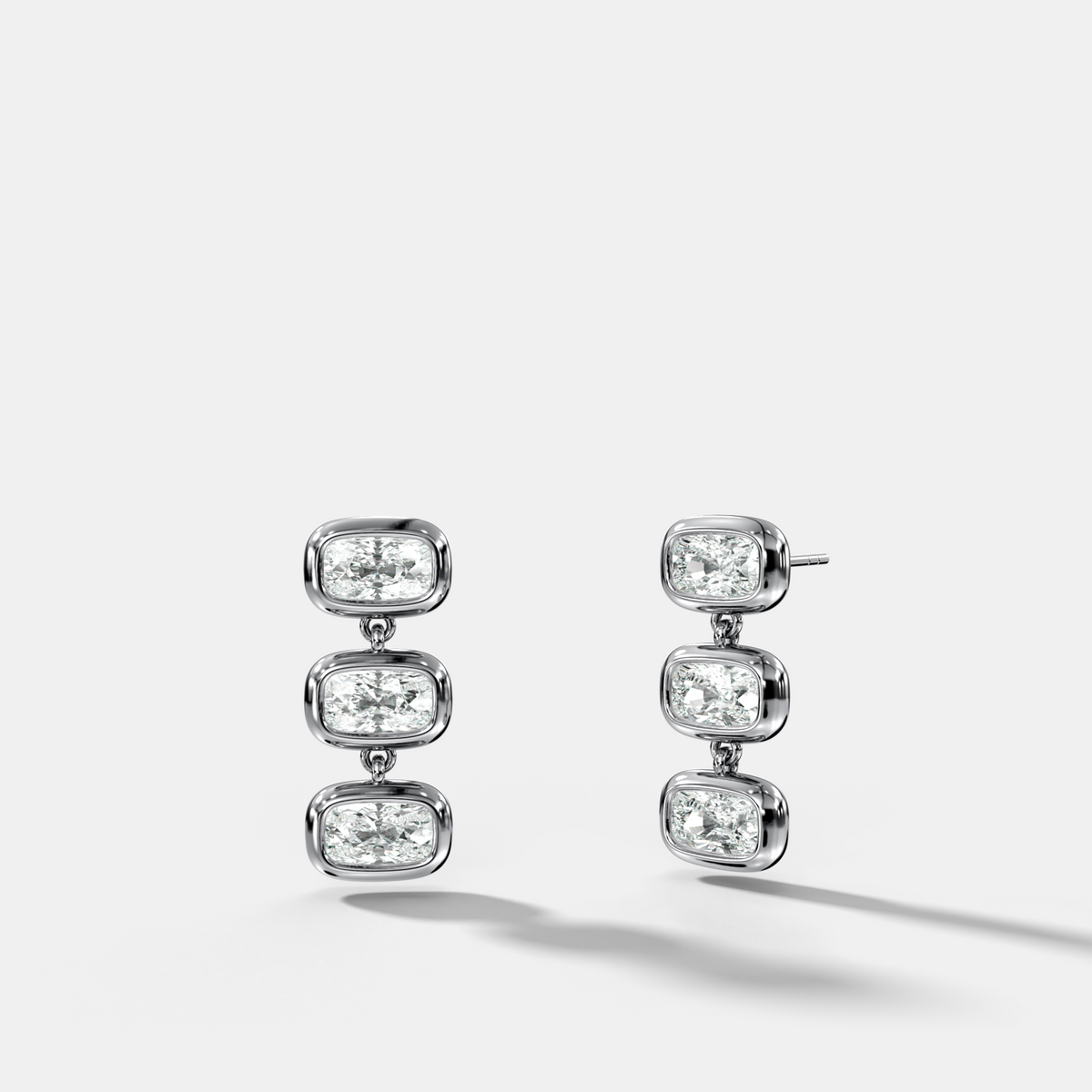 Three Stone Bezel Drop Earrings with East West Elongated Cushion Cut Diamonds
