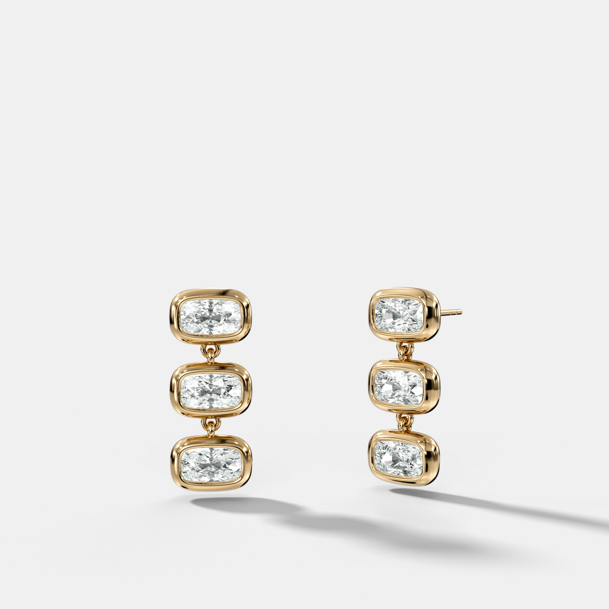 Three Stone Bezel Drop Earrings with East West Elongated Cushion Cut Diamonds