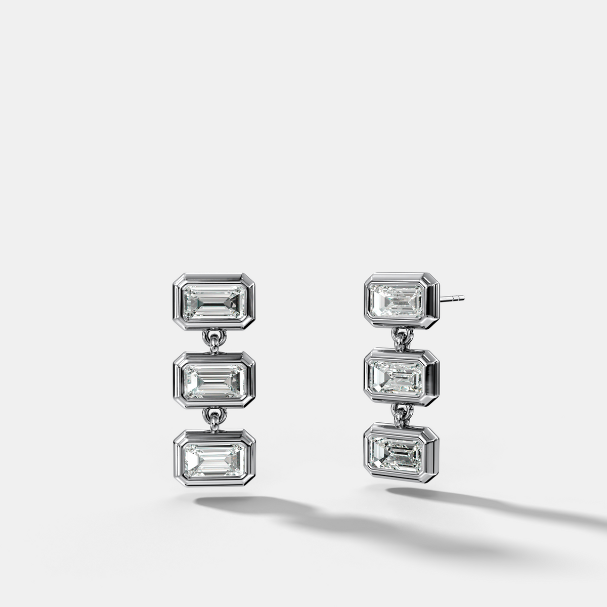 Three Stone Bezel Drop Earrings with East West Emerald Cut Diamonds