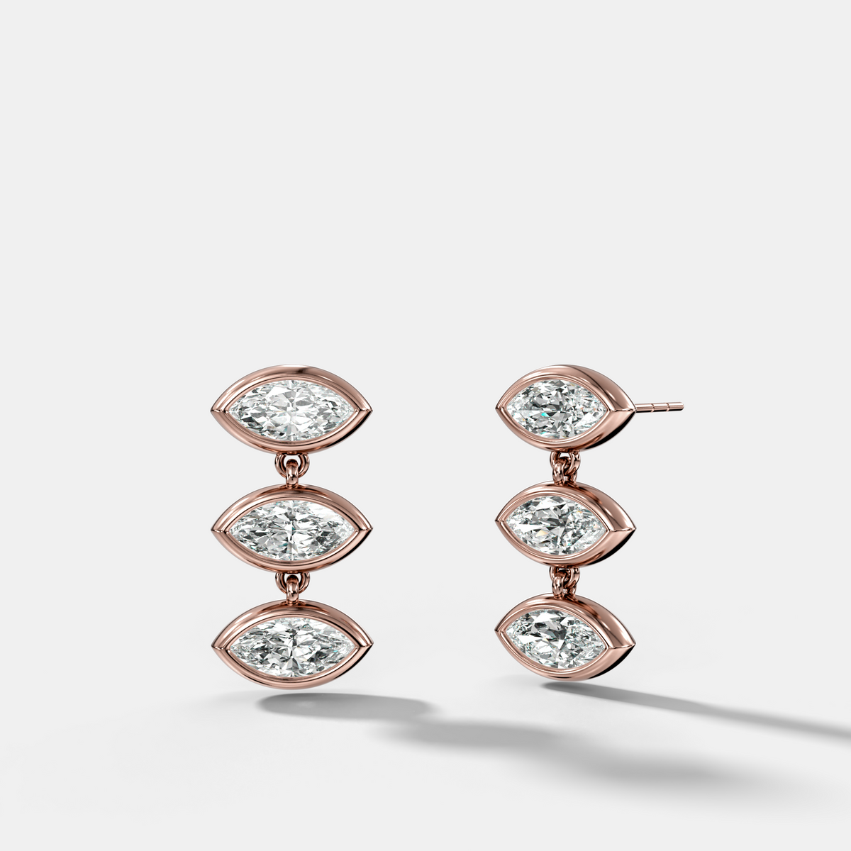 Three Stone Bezel Drop Earrings with East West Marquise Cut Diamonds